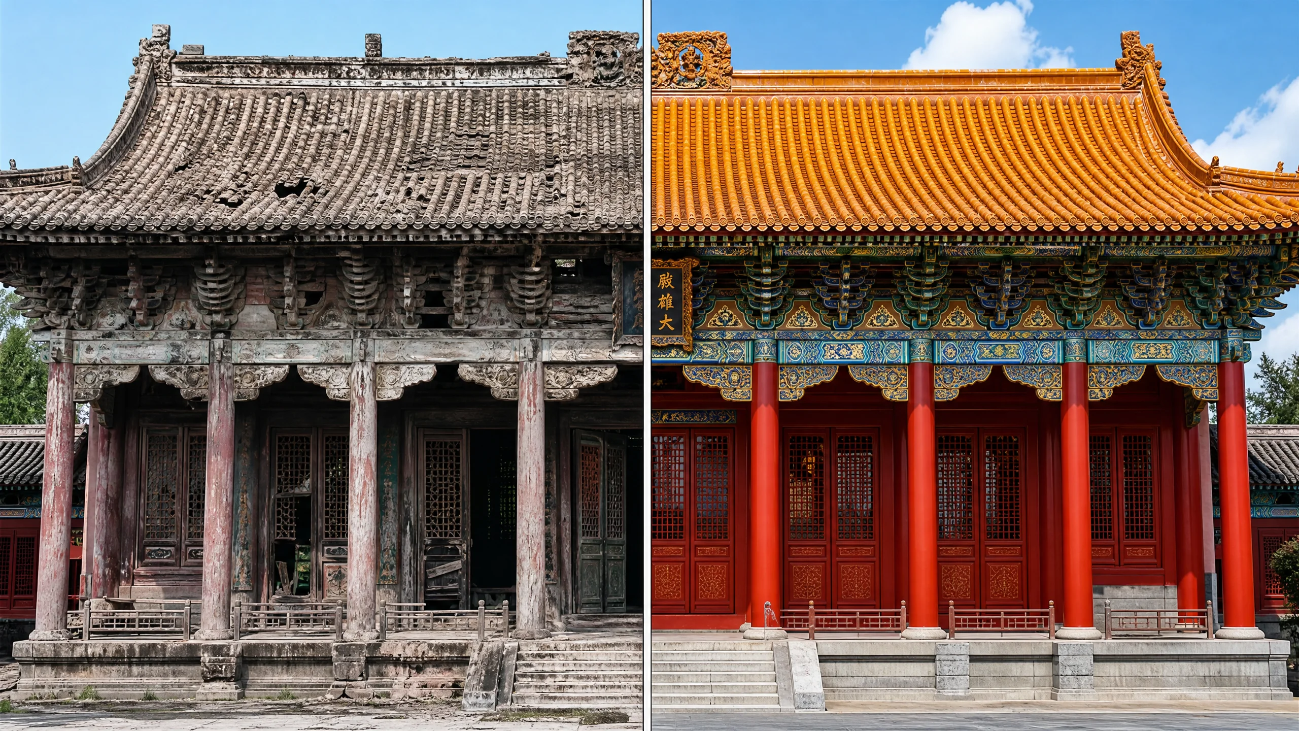 古建筑修复后的完整面貌，朱红立柱与金﻿色﻿琉璃瓦焕然一新