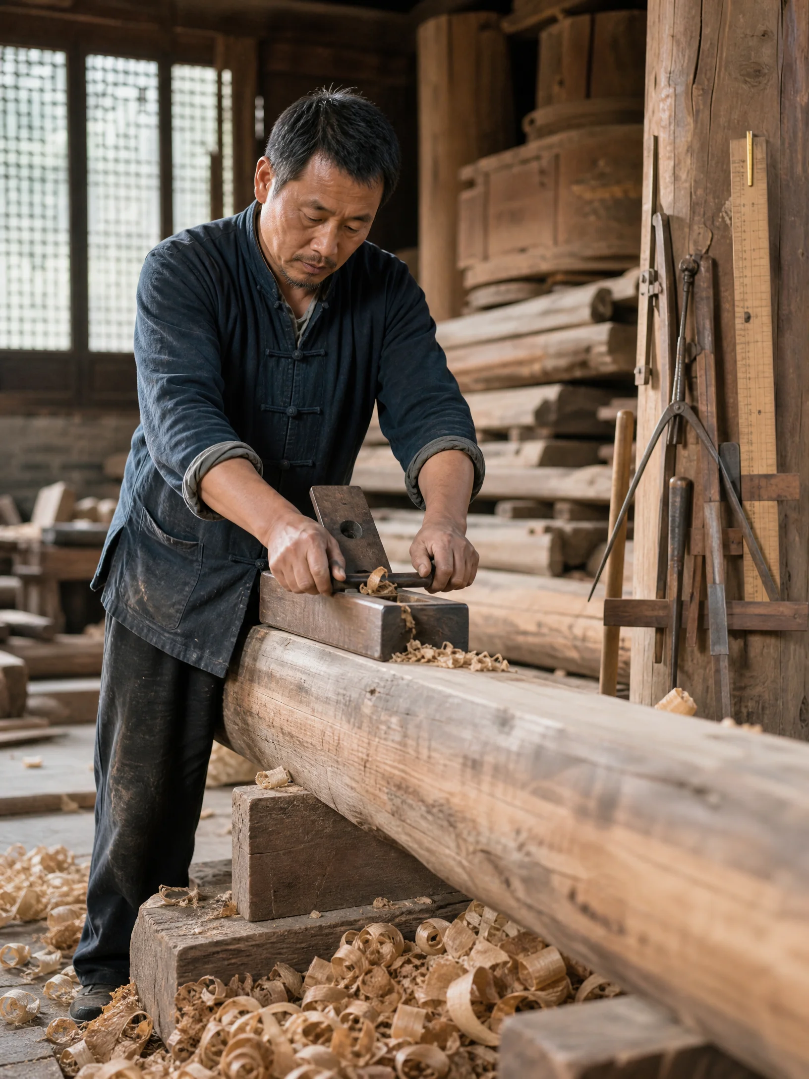 木作大师李​师傅使用传统刨子加工木构件
