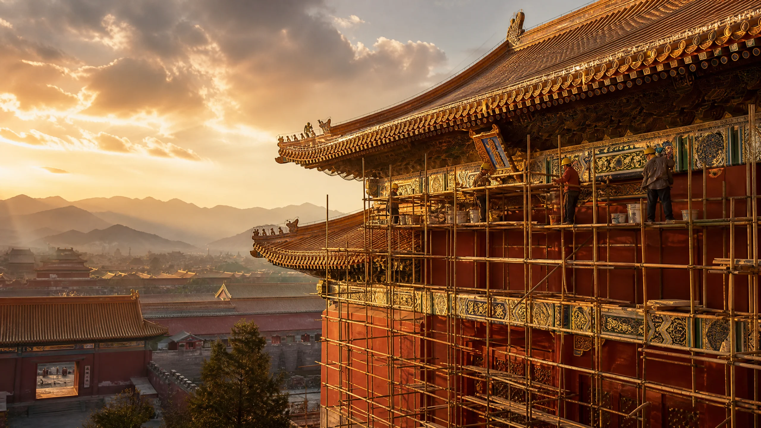 古建筑修复工程现场，工匠在脚手架上精心修复传统彩画﻿